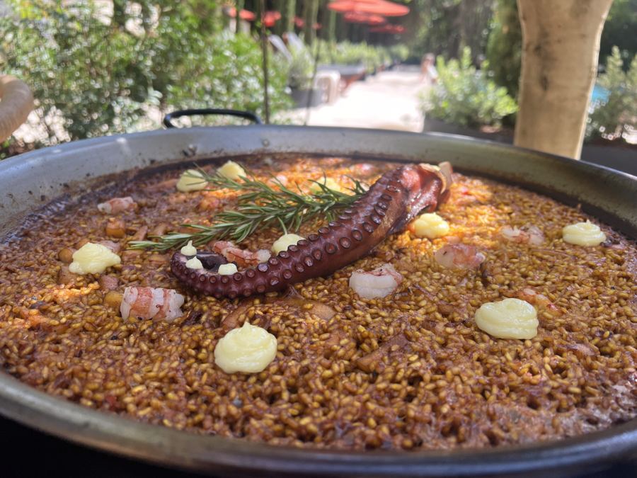Paella con pulpo al aire libre