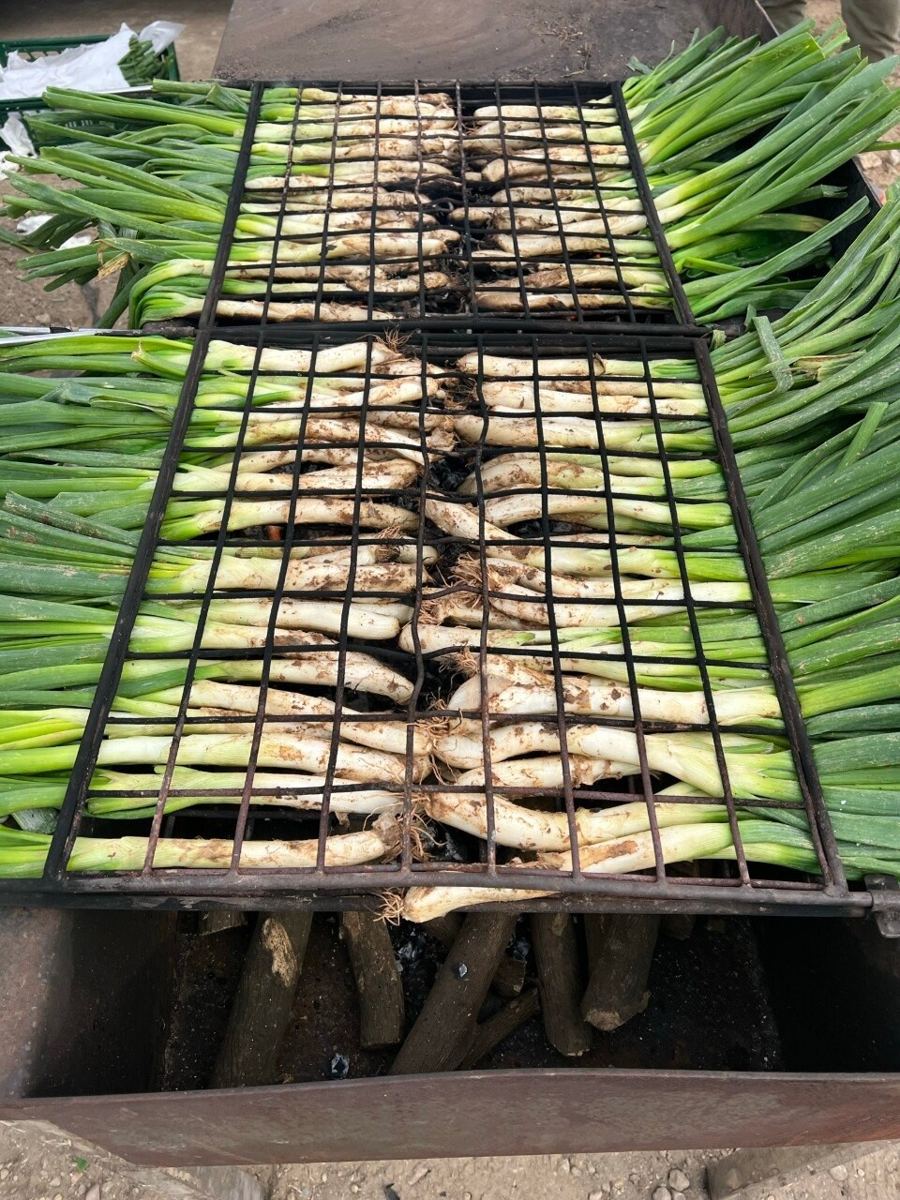 Puerros y pescado a la parrilla de leña